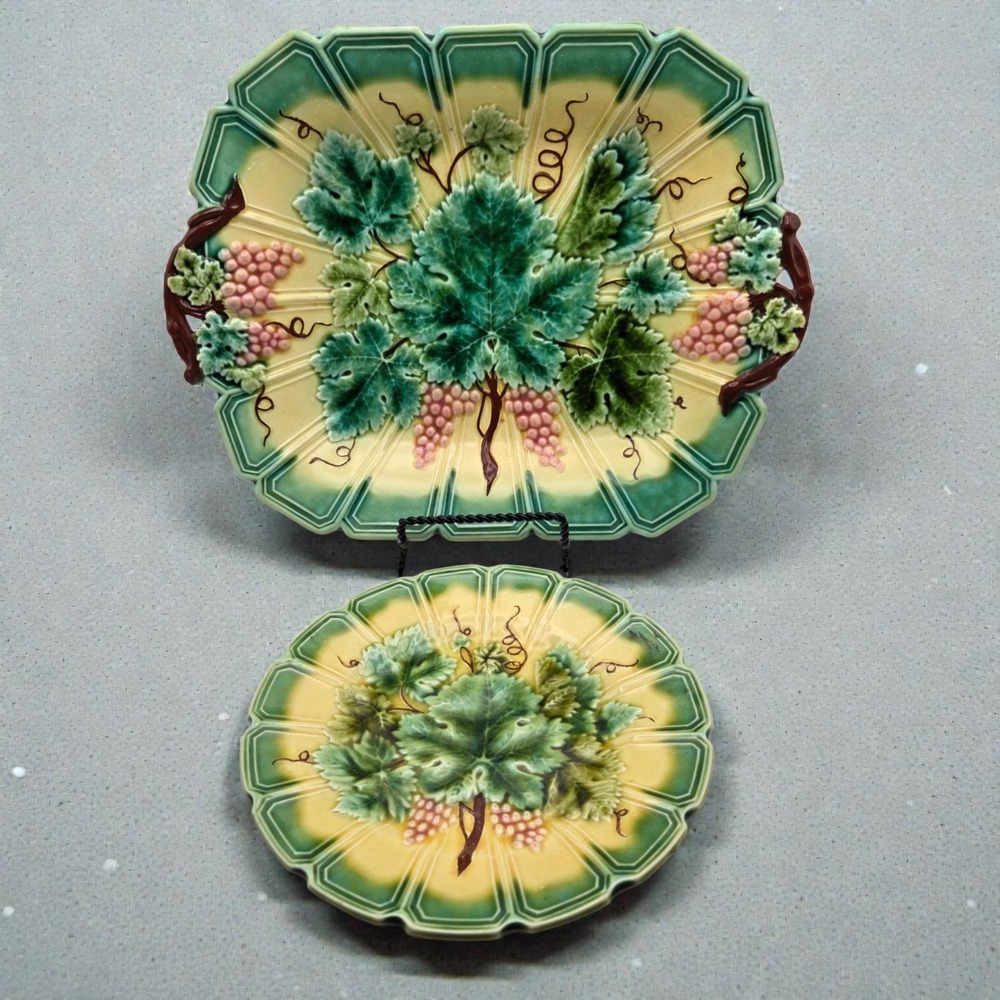 Antique Sarreguemines French Majolica Grapes Leaves Platter & Plate 1880s READ